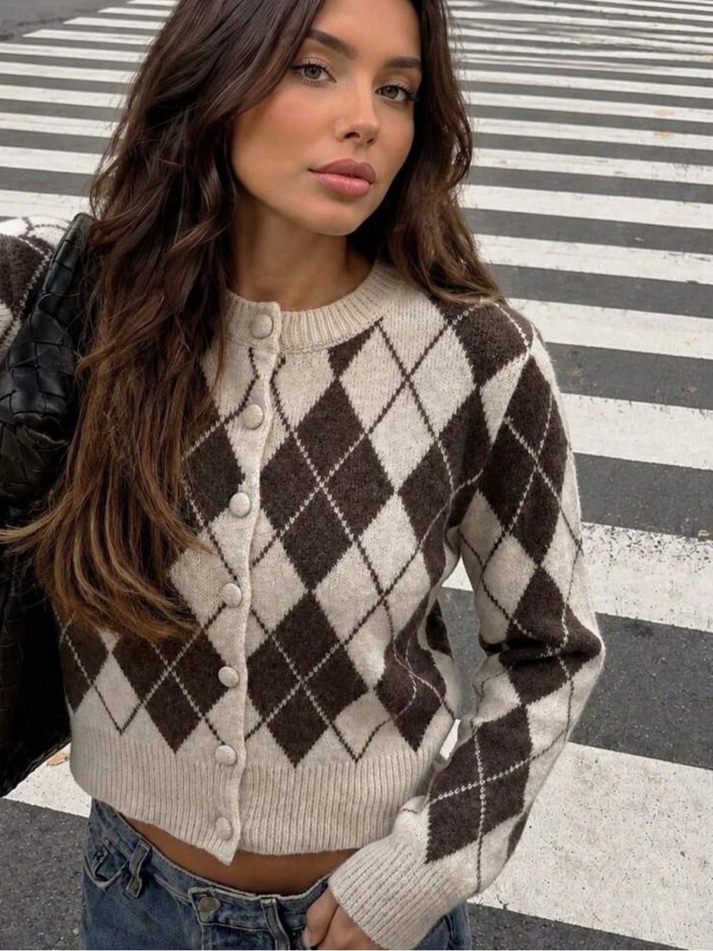 Coffee Brown Cream Argyle Knit Cardigan Preppy Quiet Luxury Sweater